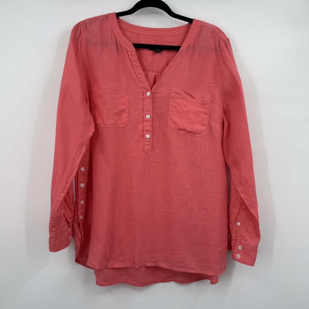Talbots Tunic Shirt Top Womens Large Pink Linen V-Neck Long Sleeve Beach